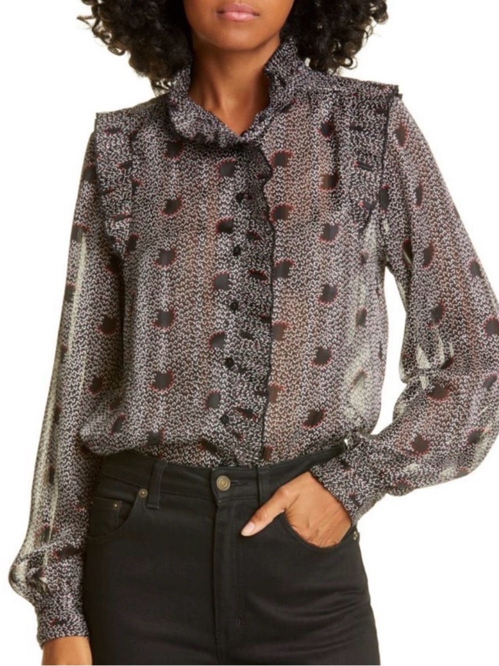 ba&sh Black Printed Ruffle-Neck Long Sleeve Blouse with Red Accents